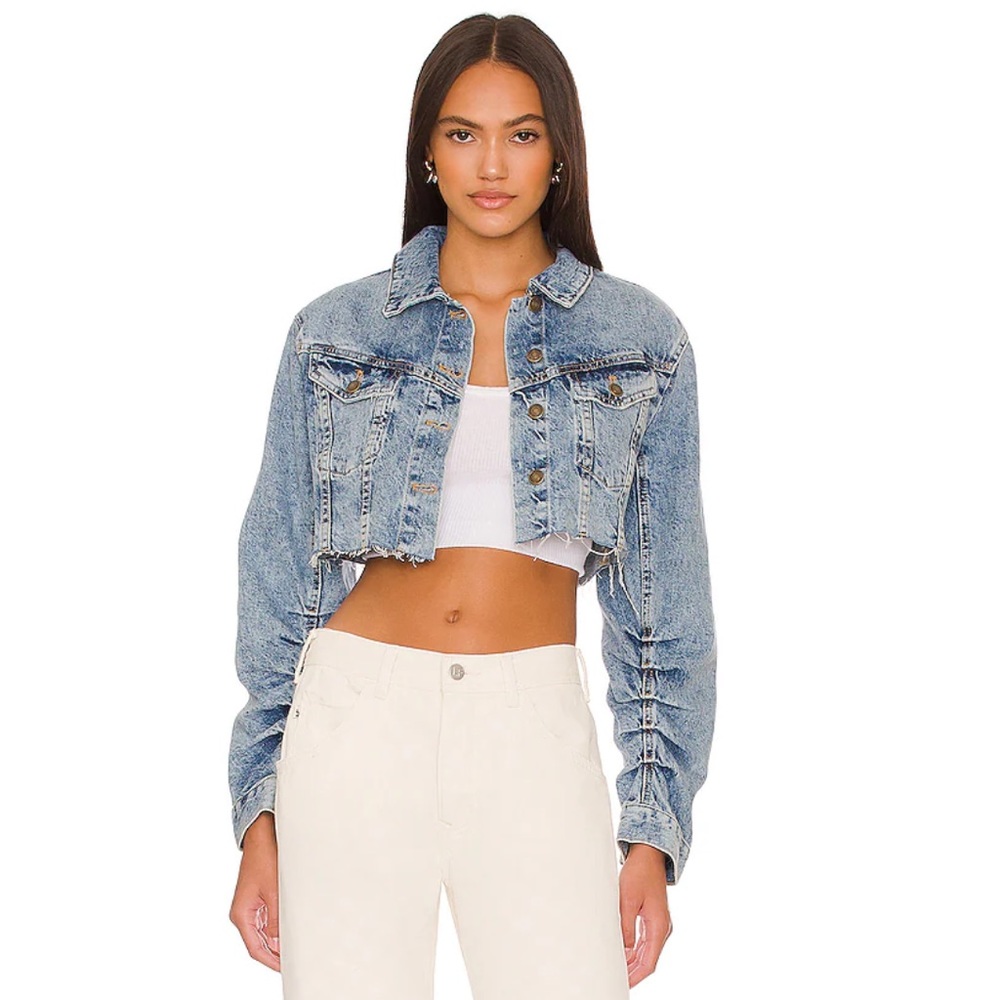 Free People Ollie Femme Denim Trucker Jacket in Aged Stone